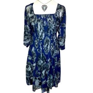 Loft Floral Blue Black Pleated Dress
